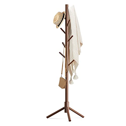Haddockway Wooden Coat Rack Stand With 8 Hooks New Zealand Pine 3 Adjustable Coat Standing Tree Easy Assembly for Coats, Hats, Scarves and Handbags for Entryway, Hallway, Bedroom, Office