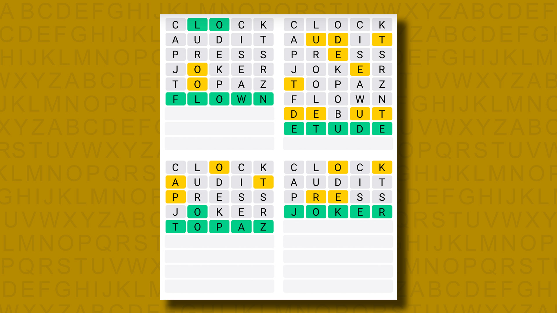 Quordle answers for game 1135 on a yellow background