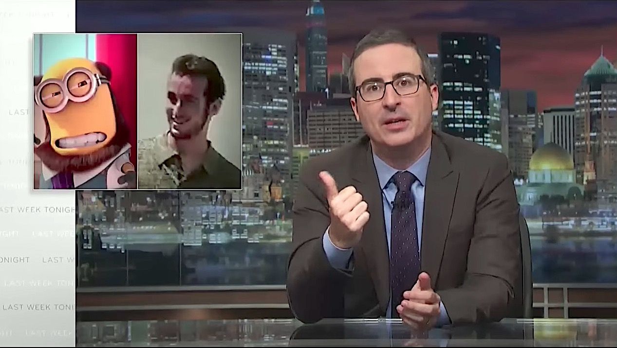 John Oliver points to high school-aged Stephen Miller