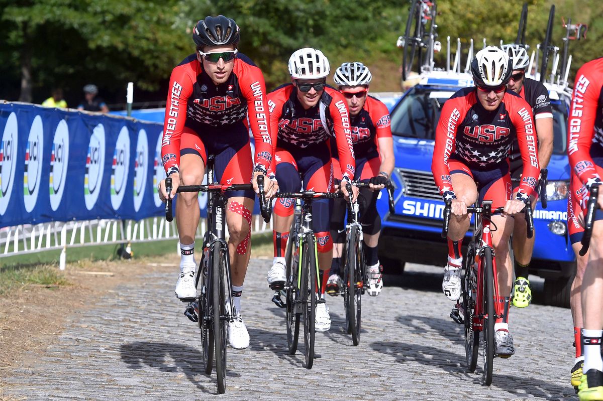 Taylor Phinney heads the US national team's training ride