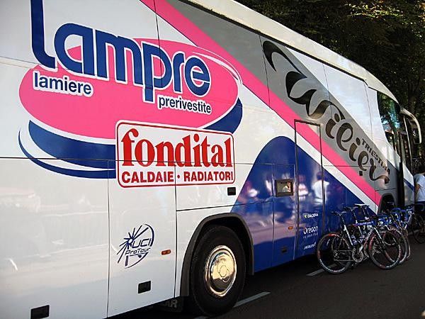 Lampre bikes look small against their gigantic team bus.