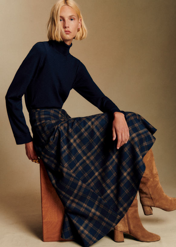 Orlane Skirt - Navy Blue Sepia Beige Check - Grs Certified Recycled Wool - S&amp;eacute;zane
