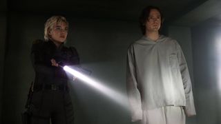 Florence Pugh as Yelena and Lewis Pullman as Bob in Thunderbolts