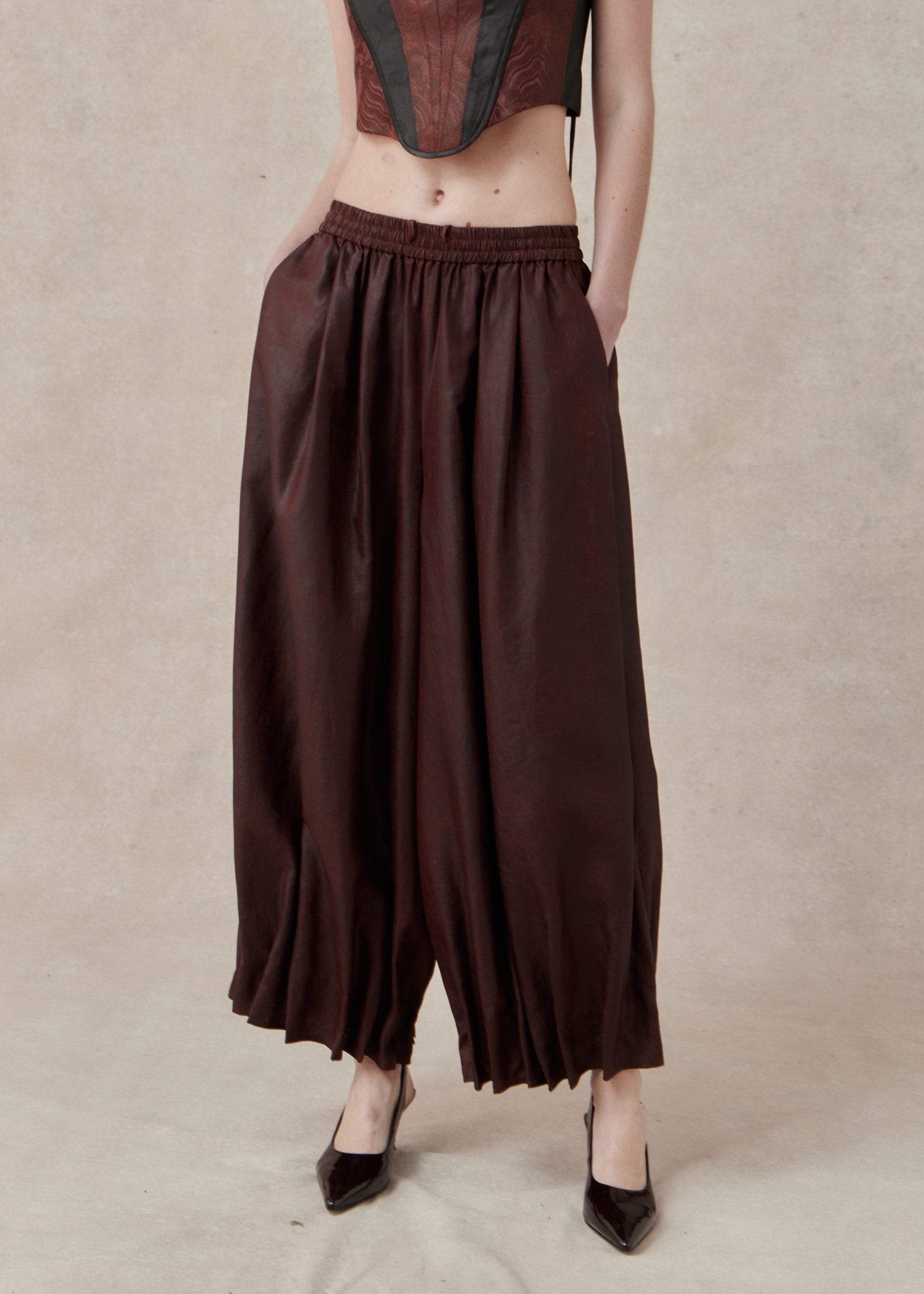 Burgundy Mud-Dyed Mulberry Silk Drawstring Pants - M