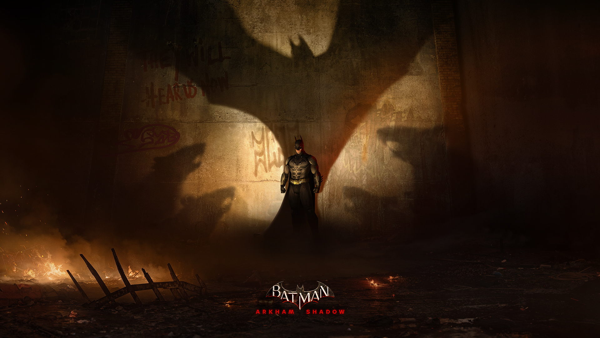 Batman posing menacingly against a wall in Arkham Shadow