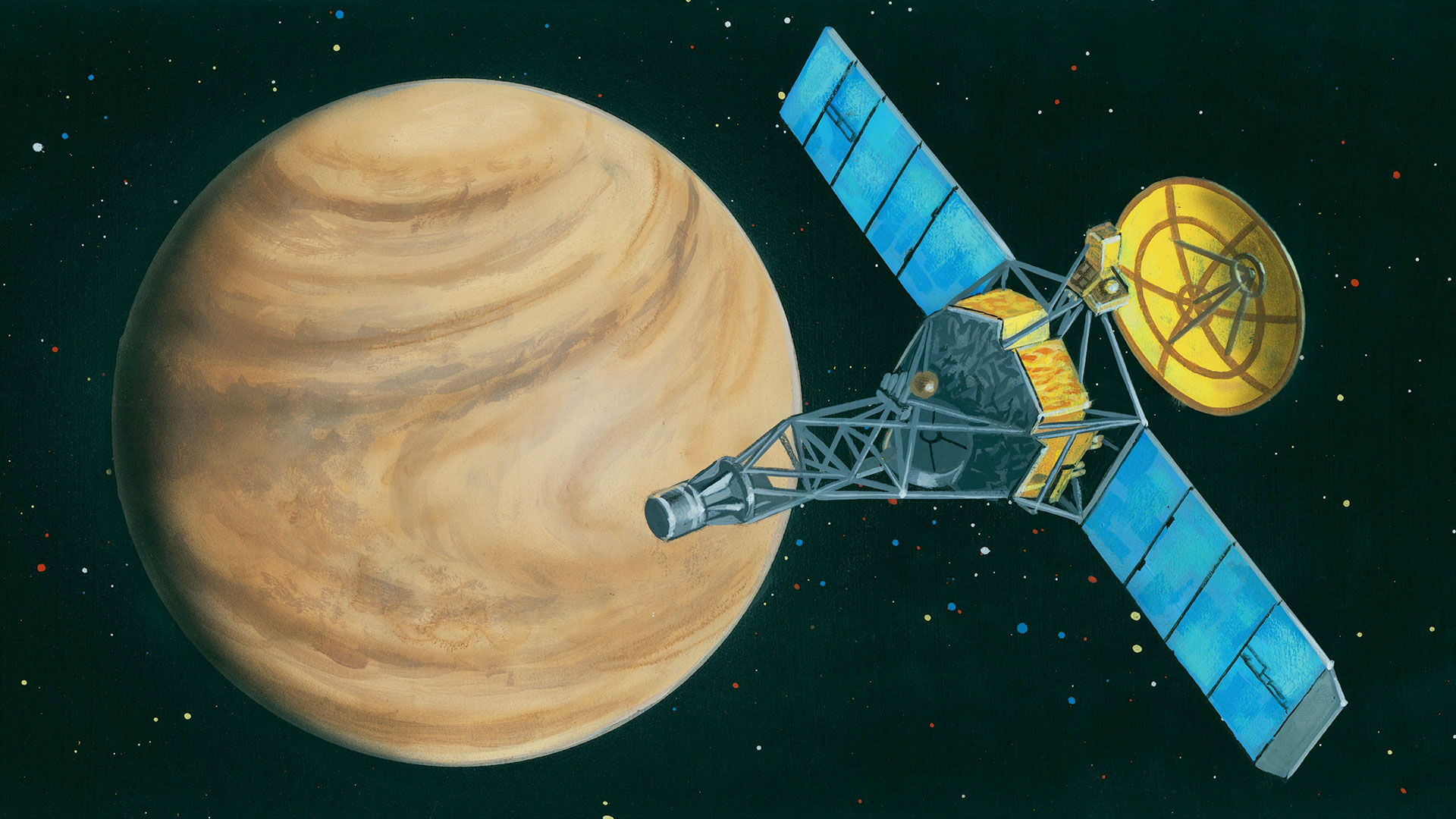 NASA&#039;s Mariner 2 probe became the first successful mission to another planet when it flew by Venus on Dec. 14, 1962, as depicted in this postage stamp art from U.S. Postal Service.