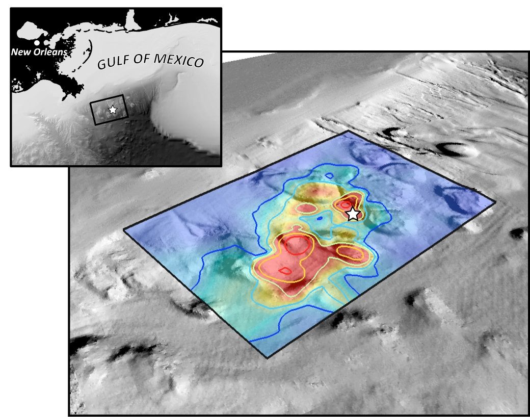 Scientists tracked some of the hydrocarbons from the Deepwater Horizon spill to the bottom of the Gulf, shown here overlaid on seafloor bathymetry.