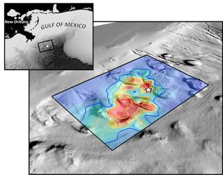 Scientists tracked some of the hydrocarbons from the Deepwater Horizon spill to the bottom of the Gulf, shown here overlaid on seafloor bathymetry.