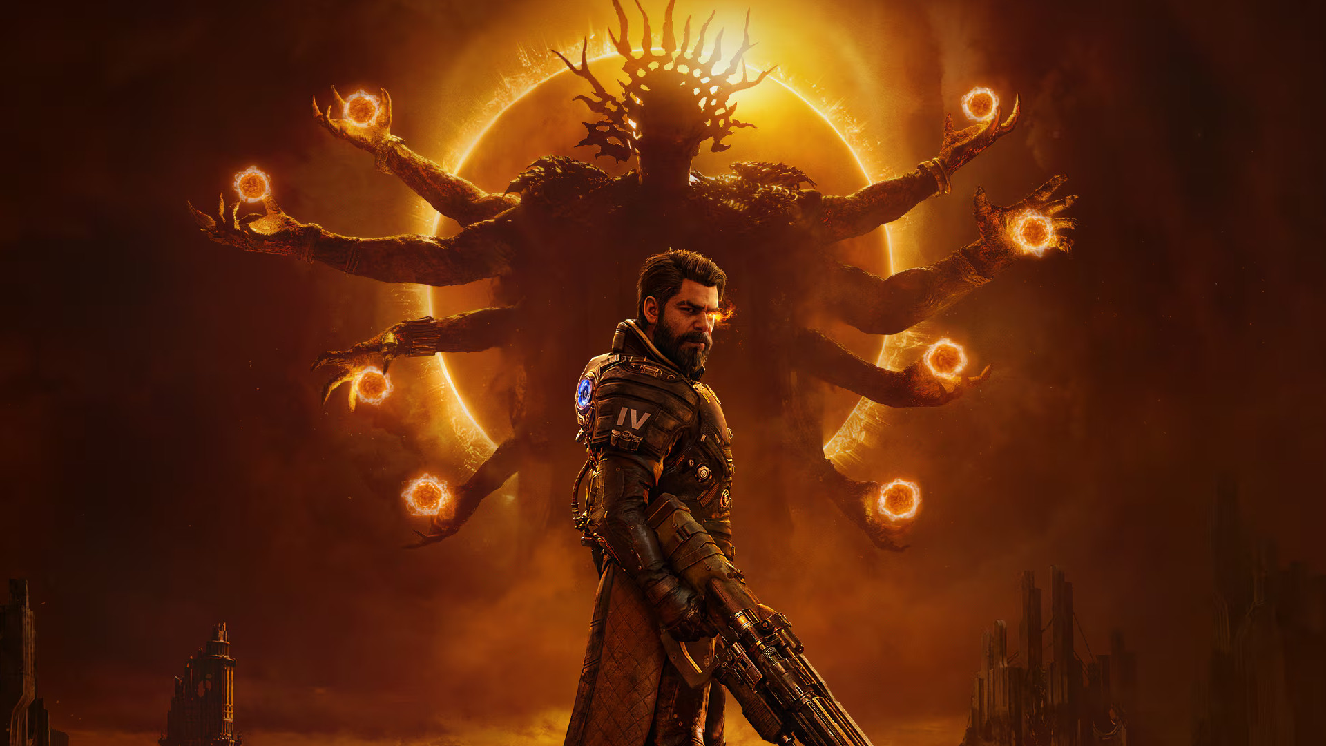 Key art for Saros showing Soltari Enforcer Arjun Devraj holding a gun with is eye glowing, in front of a larger figure with many arms, cropped closer