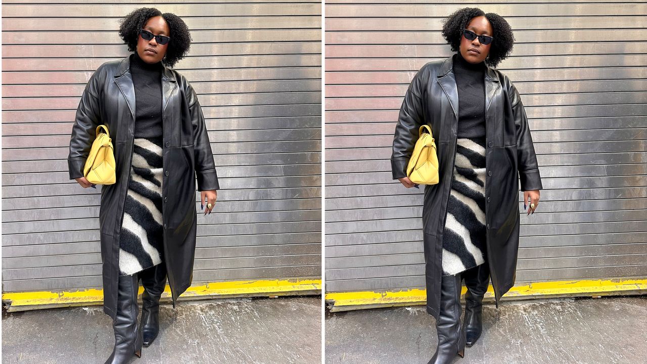 Editor wearing zebra print skirt and yellow bag