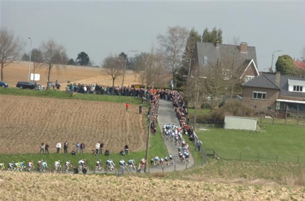 The riders pass through many villages at the Tour of Flanders