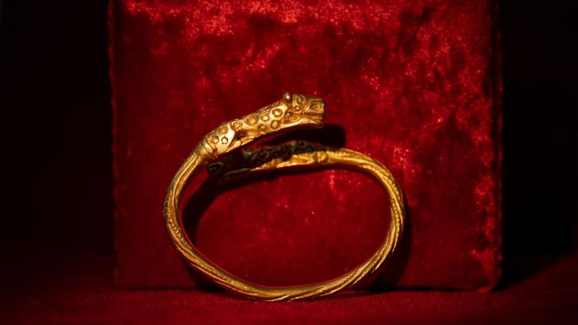 A gold twisted bangle with the head of a leopard, viewed from the top