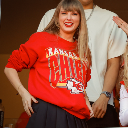 Taylor Swift and Brittany Mahomes react during a game between the Los Angeles Chargers and Kansas City Chiefs at GEHA Field at Arrowhead Stadium on October 22, 2023 in Kansas City, Missouri.