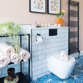 peach and blue bathroom with white tiles and loo