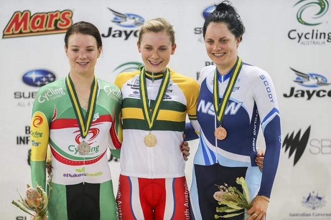 The Womens Individual Pursuit podium.