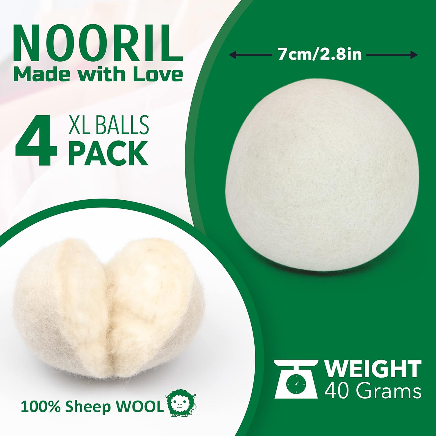 Nooril Tumble Dryer Balls Pack of 4 - Handmade Reusable Organic Wool Laundry Balls for Fabric Softening, Reduce Drying Time, Noise, Static-Cling &amp;amp; Wrinkles With No Bad Odor&amp;hellip;