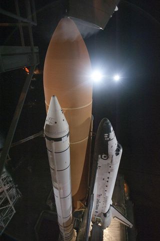 The Space Shuttle Discovery as seen from above before liftoff on April 5, 2010