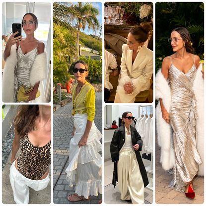 Larissa Mills wearing a sequin top, Larissa Mills wearing a leopard top, Larissa Mills wearing a green top and a white skirt, Larissa Mills wearing a blazer
