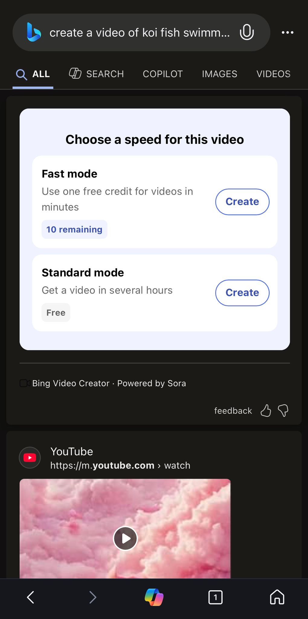 Screenshots depicting a user generating a video clip using OpenAI's Sora in Bing.