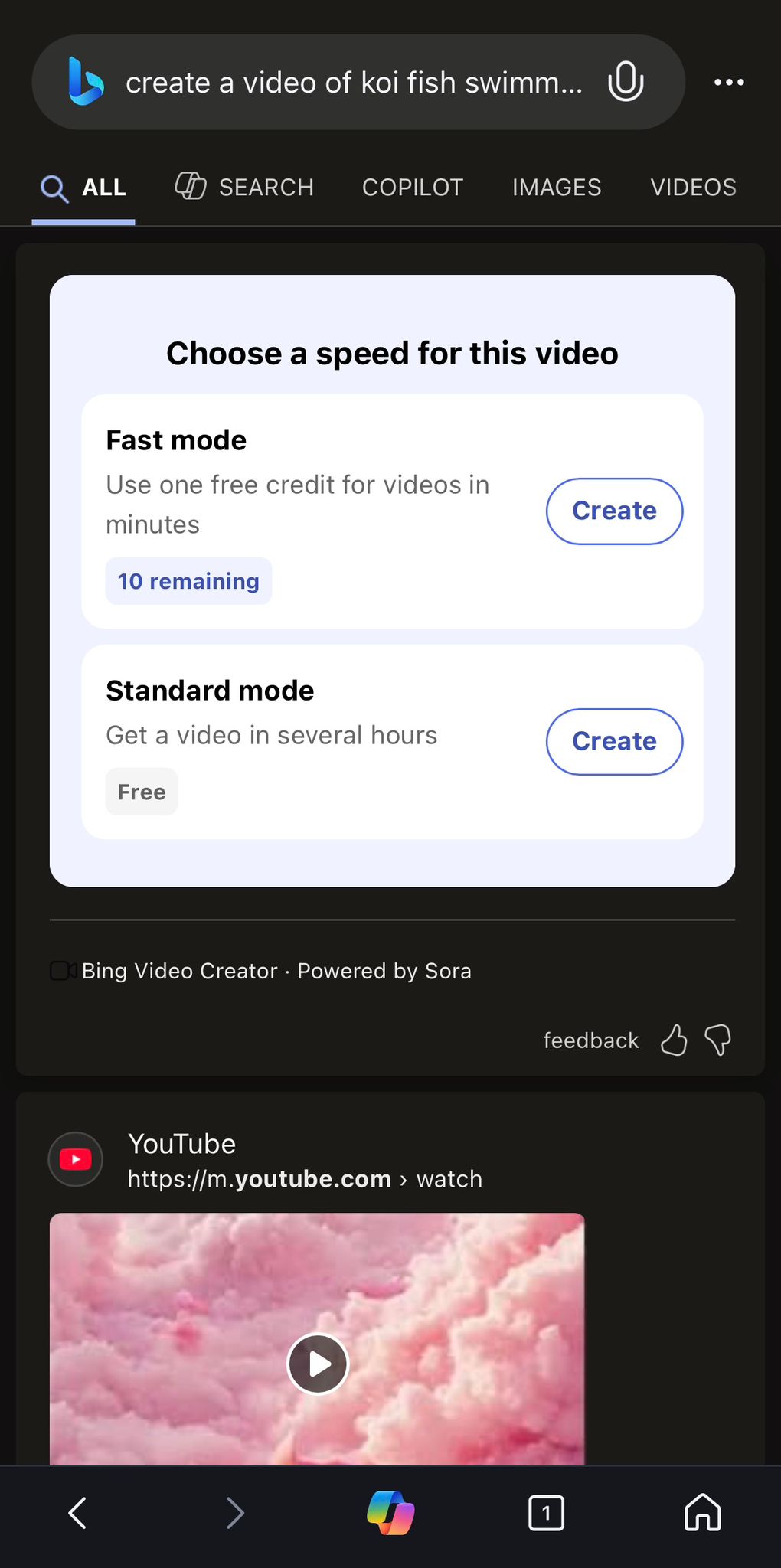 Screenshots depicting a user generating a video clip using OpenAI's Sora in Bing.