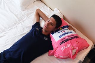 SANSALVO ITALY OCTOBER 12 Joao Almeida of Portugal and Team Deceuninck QuickStep Pink Leader Jersey Dreaming during the 103rd Giro dItalia 2020 Rest Day 1 Team Deceuninck QuickStep Press Conference on San Salvo girodiitalia Giro RestDay1 on October 12 2020 in San Salvo Italy Photo by Tim de WaeleGetty Images