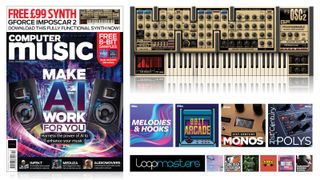 Computer music magazine December issue front cover alongside preview image of the Gforce Imposcar synth, free with the issue