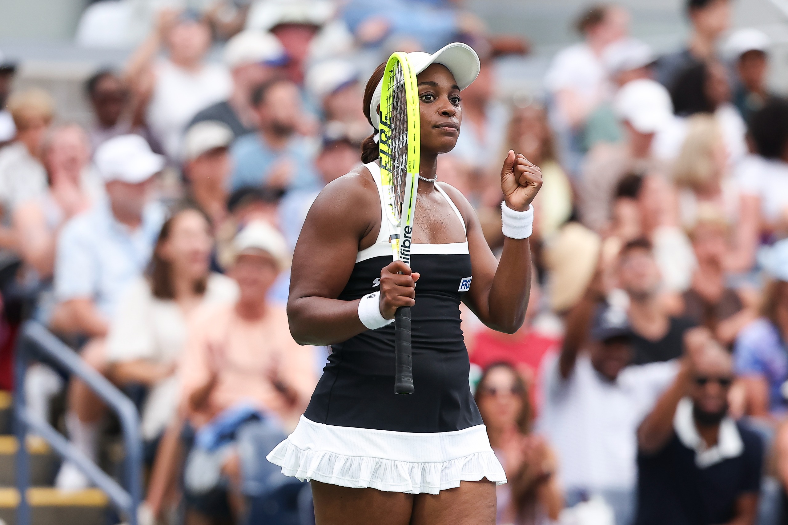 Sloane Stephens styled a drop-waist black-and-white mini dress on day 2 of the 2026 US Open