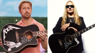 Ryan Gosling holding up a Jerry Cantrell Fire Devil Songwriter acoustic guitar