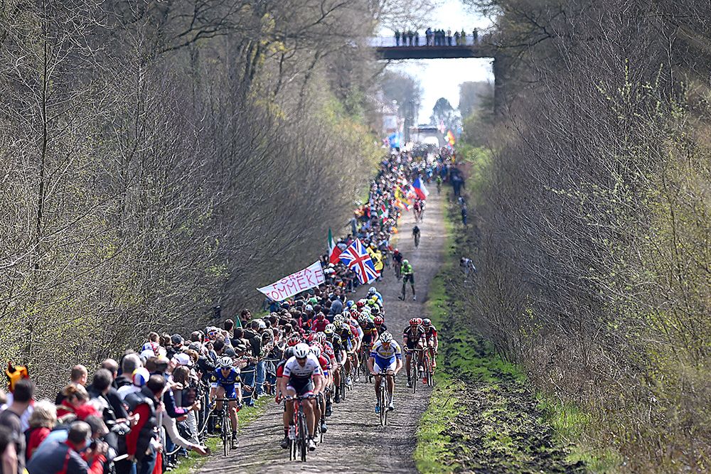 Fabian Cancellara leads the peloton across the Arenberg pave with Peter Sagan on his wheel