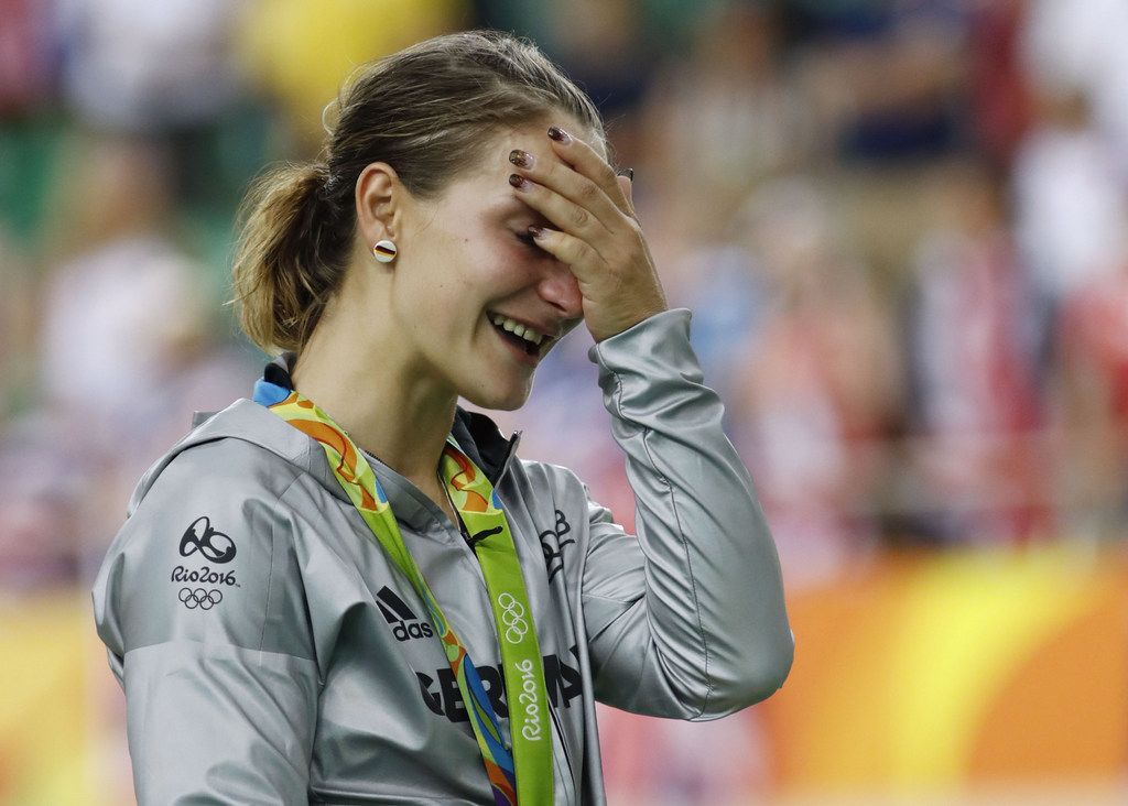 Kristina Vogel (Germany) can't believe her gold medal success in the sprint