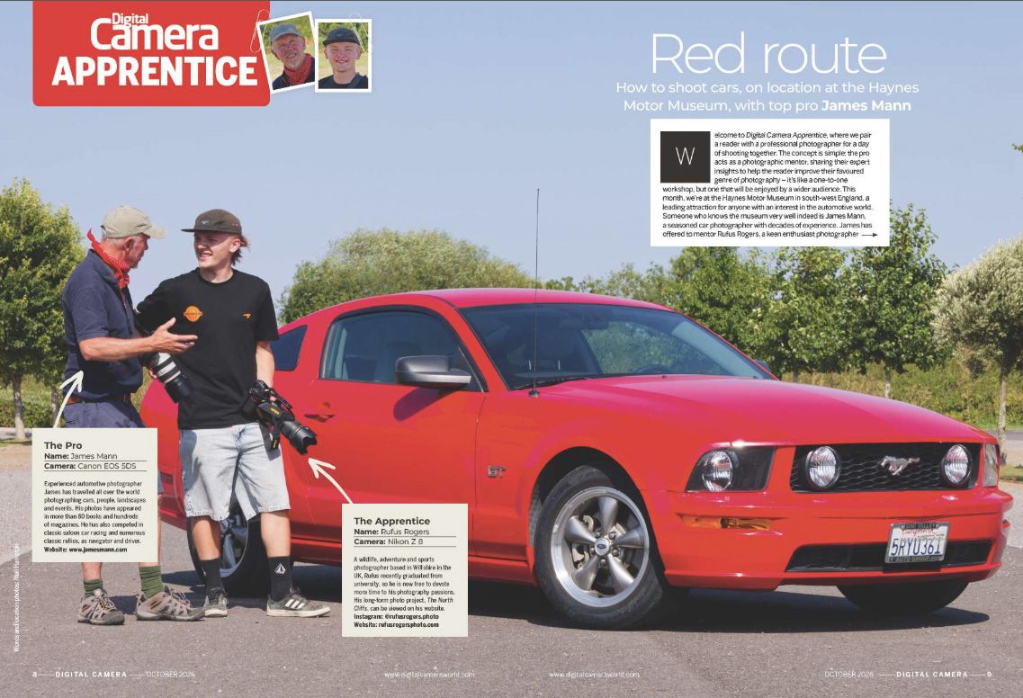 Image showing the first two pages of the Apprentice article in issue 312 (October 2026) of Digital Camera magazine, shooting cars at the Haynes Motor Museum wit