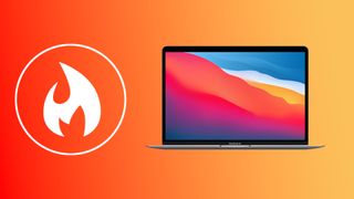 Apple MacBook Air 13 M1 on orange background with fire symbol