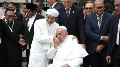 Pope Francis and Indonesian Grand Imam Nasaruddin Umar outside Jakarta mosque