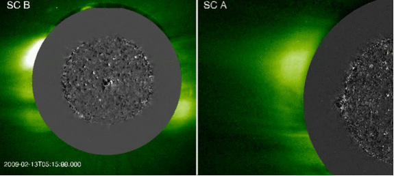 A solar tsunami seen by the twin STEREO spacecraft.