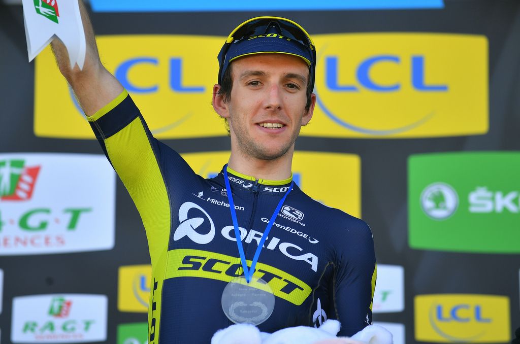 Simon Yates (Orica-Scott) on the winners podium at Paris-Nice