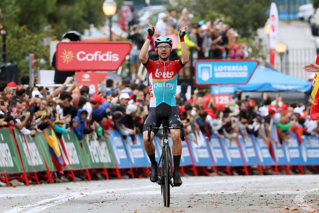 BARCELONA SPAIN AUGUST 27 Andreas Kron of Denmark and Team Lotto Dstny celebrates at finish line as stage winner during the 78th Tour of Spain 2023 Stage 2 a 1818km stage from Matar to Barcelona UCIWT on August 27 2023 in Barcelona Spain Photo by Alexander HassensteinGetty Images