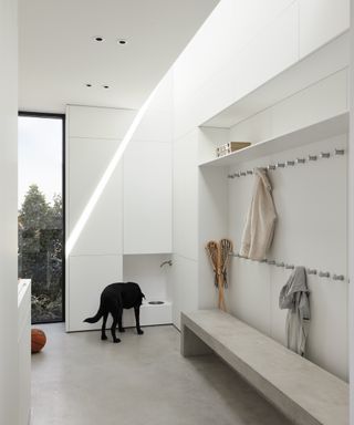 white mudroom with dog bowl station