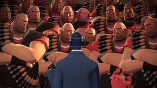 TF2 Heavy characters looking angrily at TF2 spy character