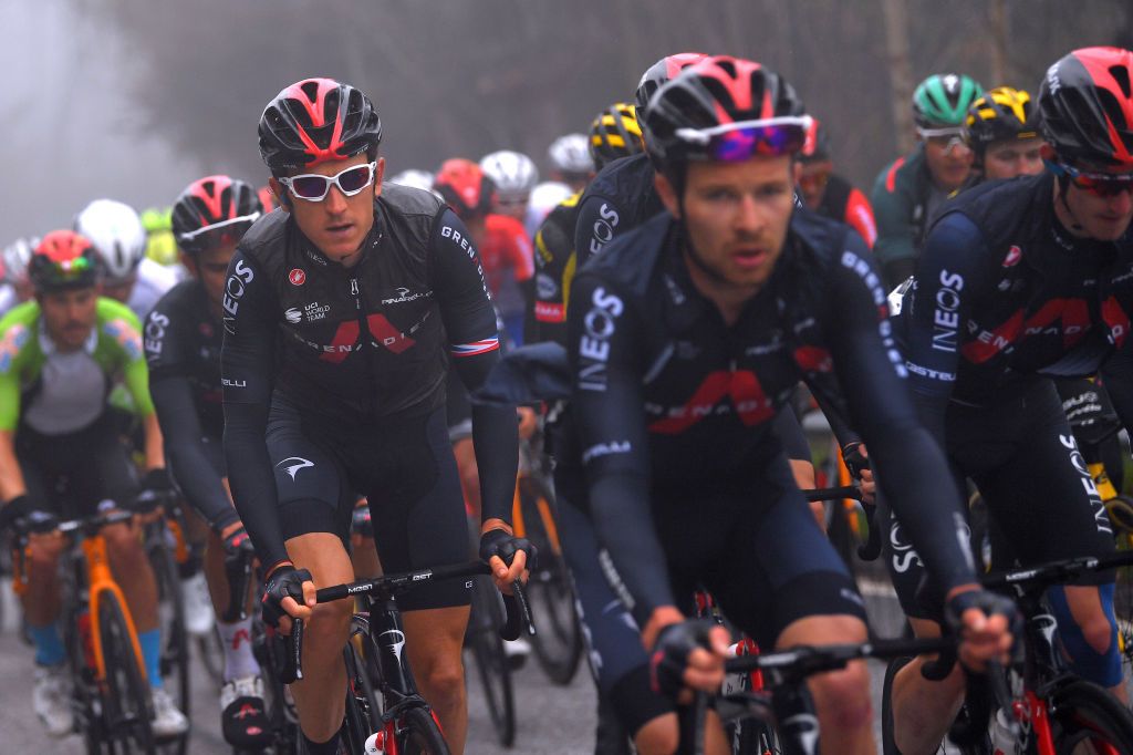 THYON 2000 LES COLLONS SWITZERLAND MAY 01 Geraint Thomas of The United Kingdom and Team INEOS Grenadiers during the 74th Tour De Romandie 2021 Stage 4 a 1613km stage from Sion to Thyon 2000 Les Collons 2076m Fog TDR2021 TDRnonstop UCIworldtour on May 01 2021 in Thyon 2000 Les Collons Switzerland Photo by Luc ClaessenGetty Images
