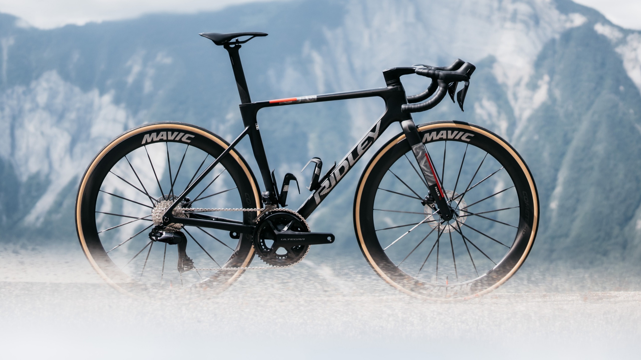 A Ridley Falcn RS 2.0 bike against a mountain backdrop