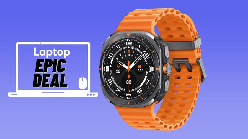 Orange Galaxy Watch Ultra smartwatch against a blue gradient background