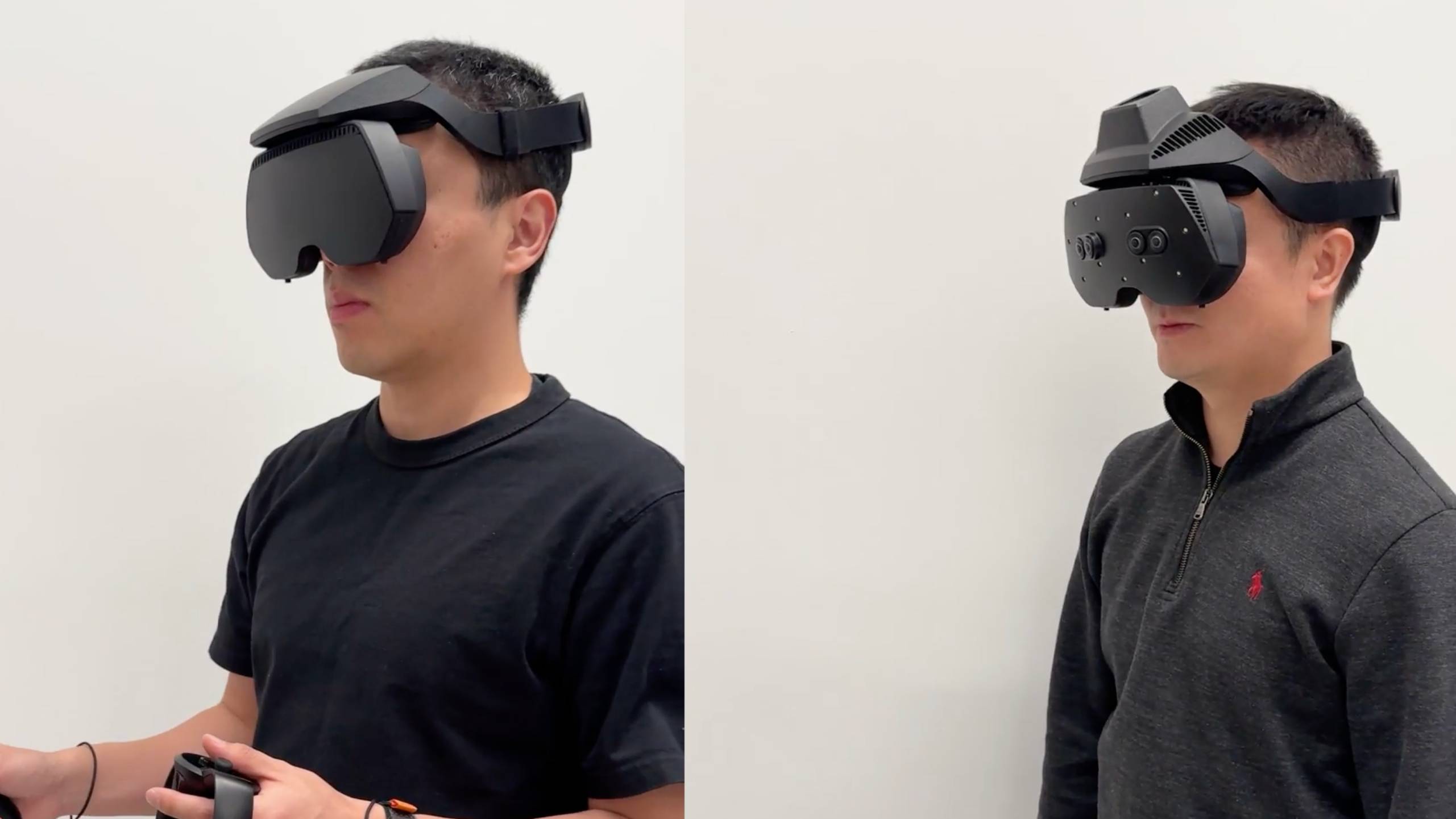 Researchers wearing protoype VR and MR headsets
