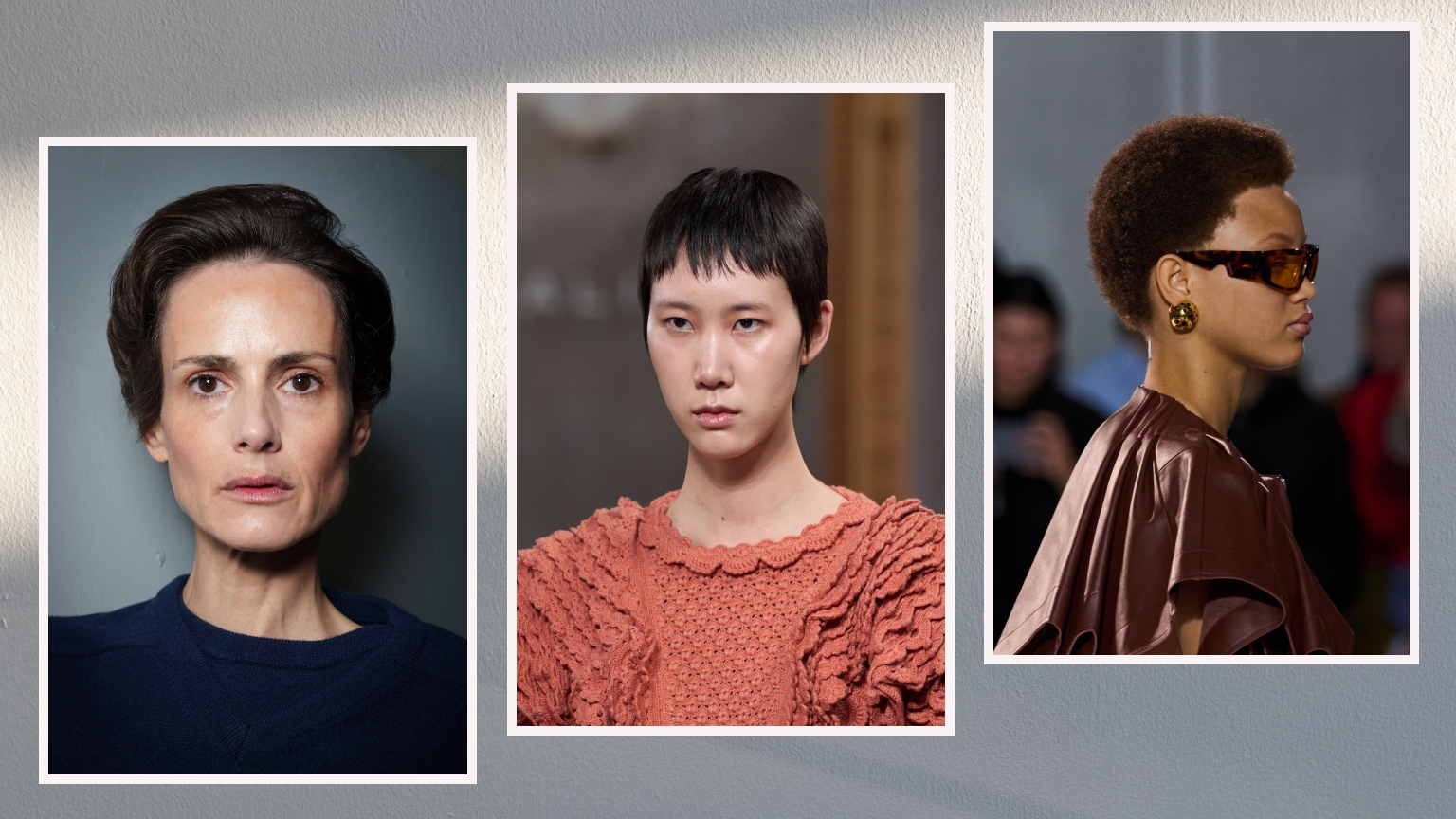 three women with brown pixie cuts in stylish outfits on a gray background