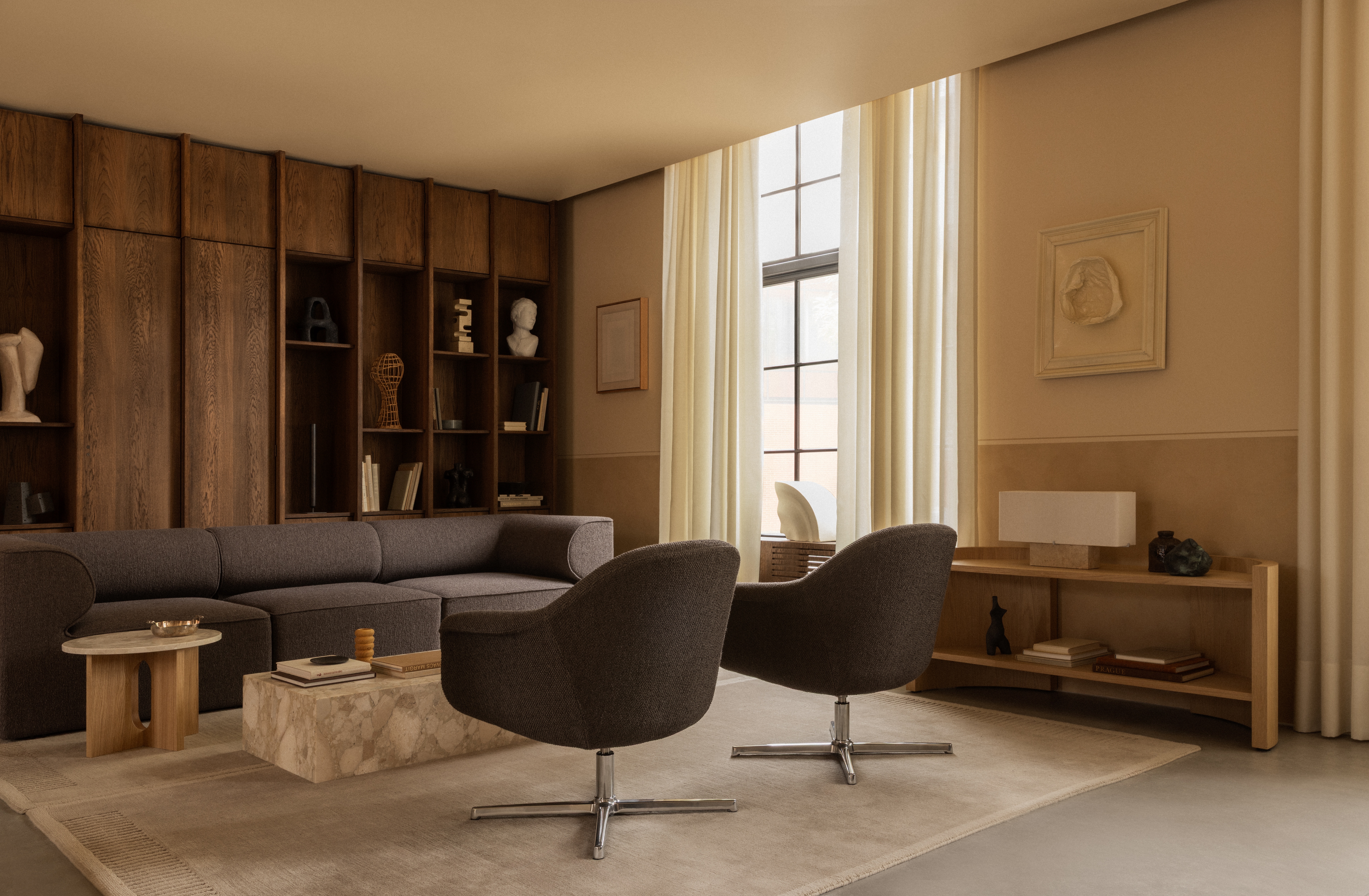 freestanding shelving unit in oak in a neutral interior