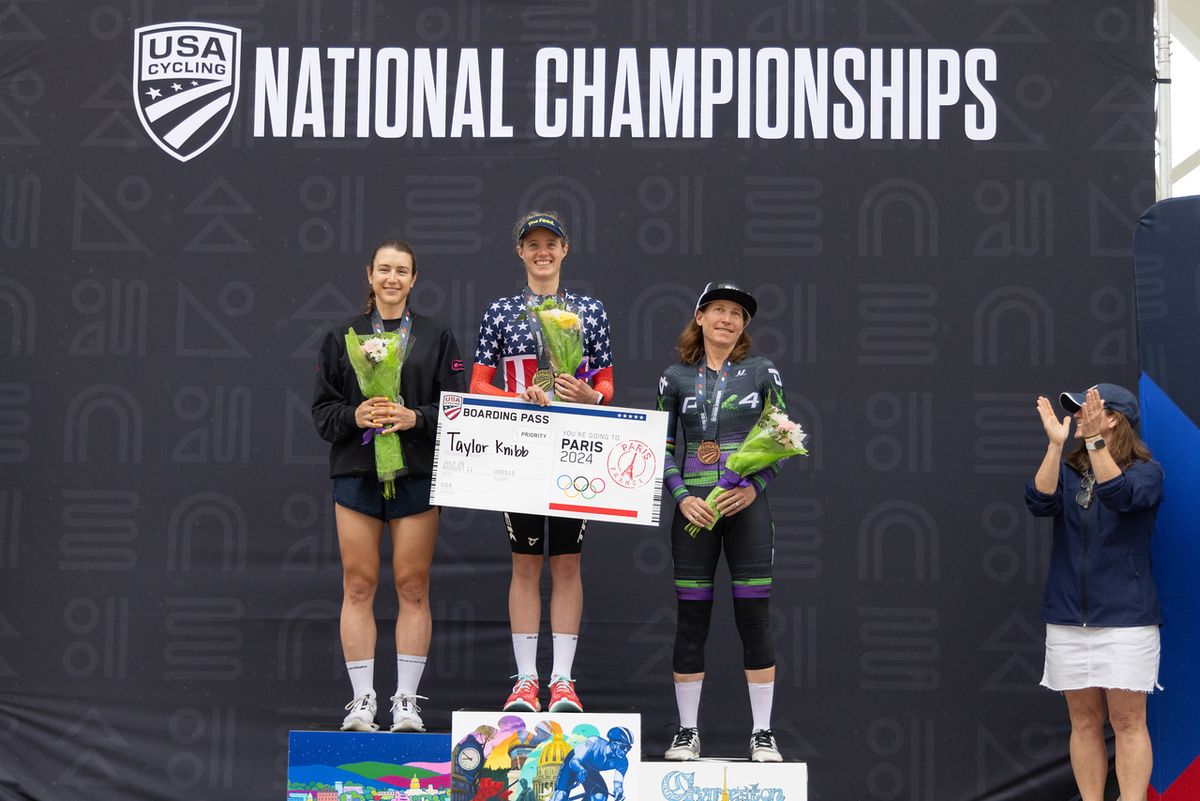 2024 USA Cycling Pro ITT National Championship podium for elite women (LtoR): Kristen Faulkner second place, winner Taylor Knibb, Amber Neben third place