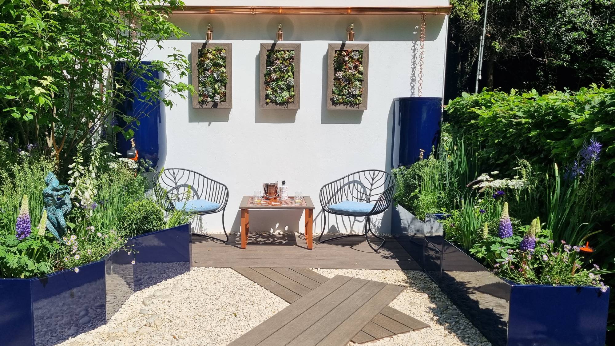 Water saving garden with blue reservoirs, rain chains and succulents