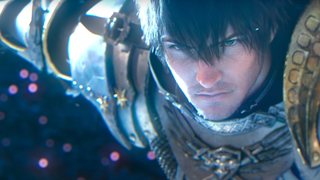 A hyurian knight looks determined at the end of the Final Fantasy 14: Endwalker trailer, his eyes set on Etheryis below.