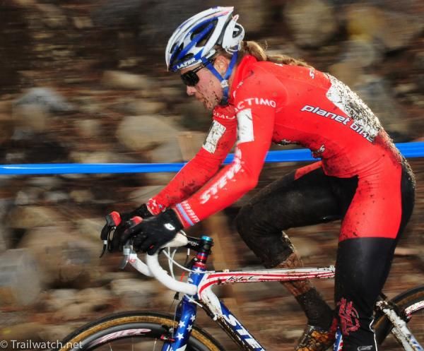 Katie Compton (Planet Bike) streaking away from her competitors.
