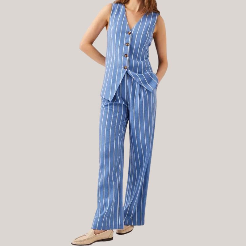 Susan stripe trousers and waistcoat on model 