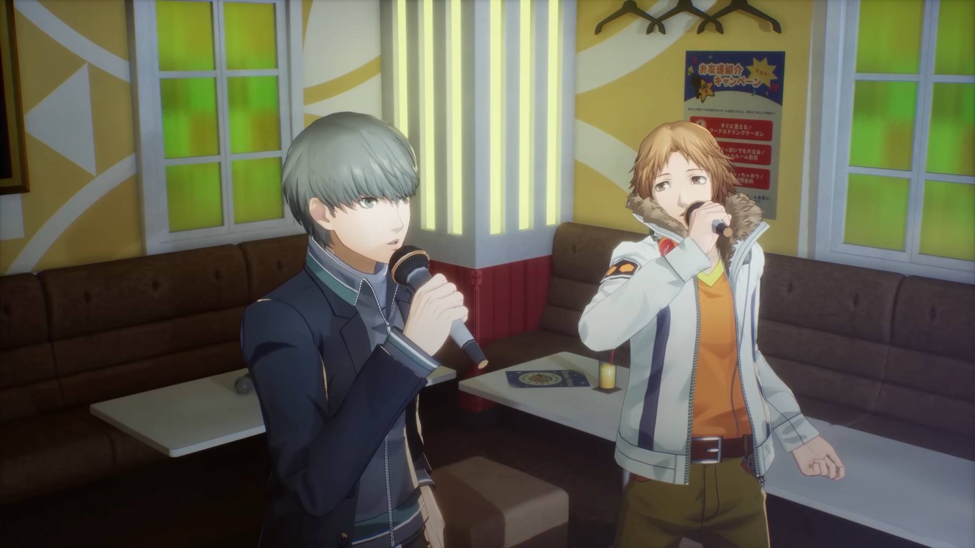 Persona 4 Revival screenshot shows the protagonist and Yosuke singing together.